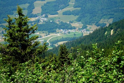 Les hameaux du Bourget en Huile vus des crêtes entre les arbres